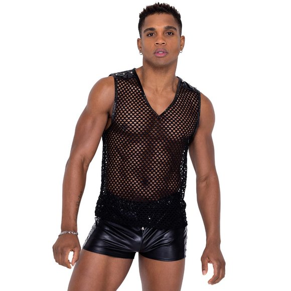 Studded Fishnet Tank Top with Vinyl Trim - Picture 4 of 5
